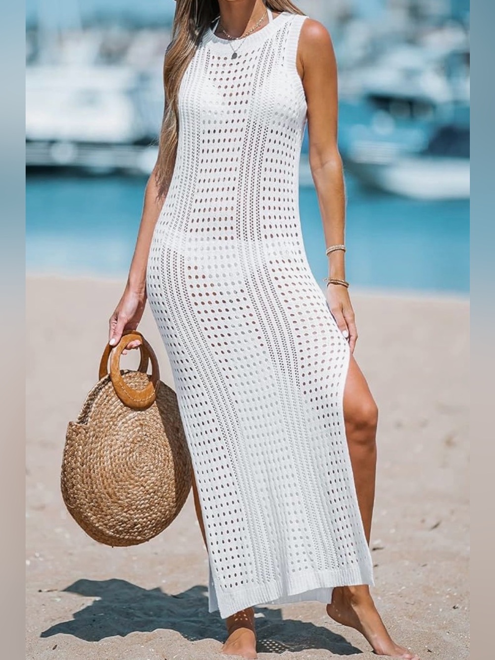 Cupshe Women’s Medium White Knit Cutout Bodycon Side Slit Maxi Cover Up Dress